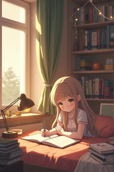 Anime girl studying in the lo-fi bedroom