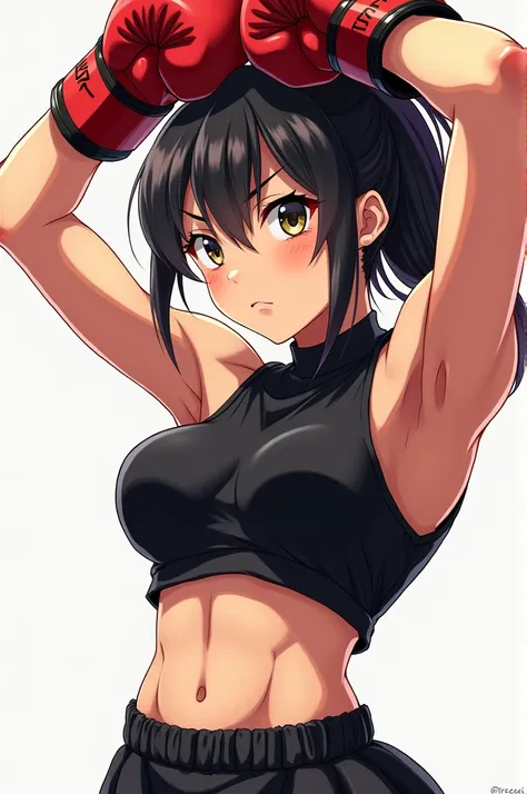 A Japanese Anime kickboxing girl in black sleeveless boxing outfit swinging her arms in air showing her armpits 