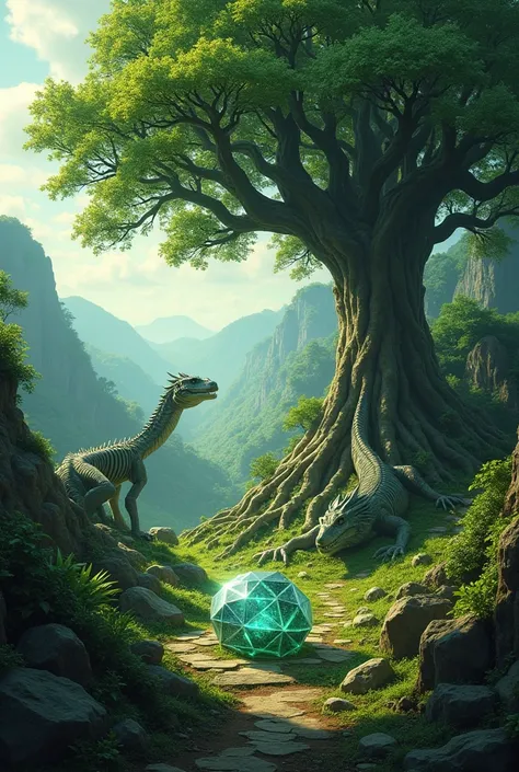 Background of the dragons in the green mountains And there is a banyan tree there, there are also dragon bones that are somewhat buried and also a large diamond stuck in the ground.