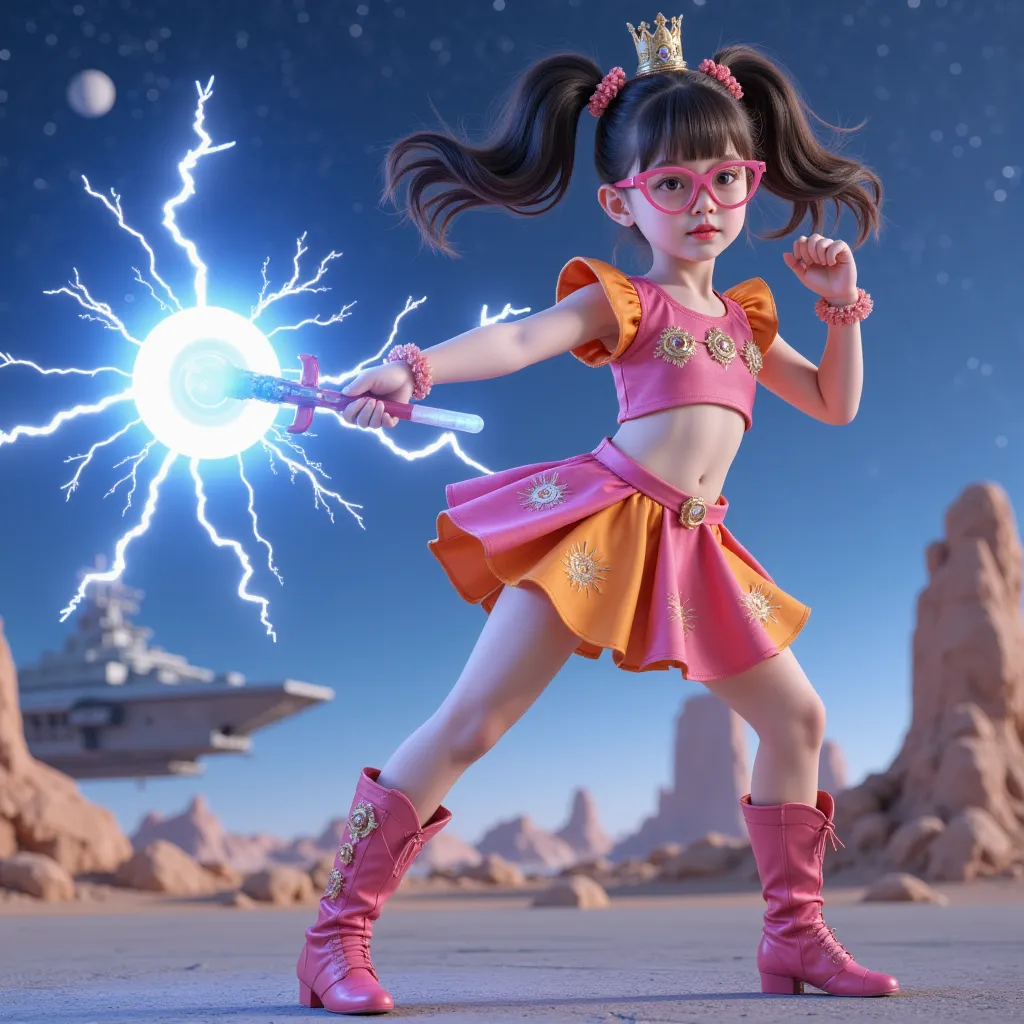 1 girl,  alone, realism， lightning energy  ，electricity elements，twin ponytails， wearing a crown ， wearing heart-shaped glasses ...