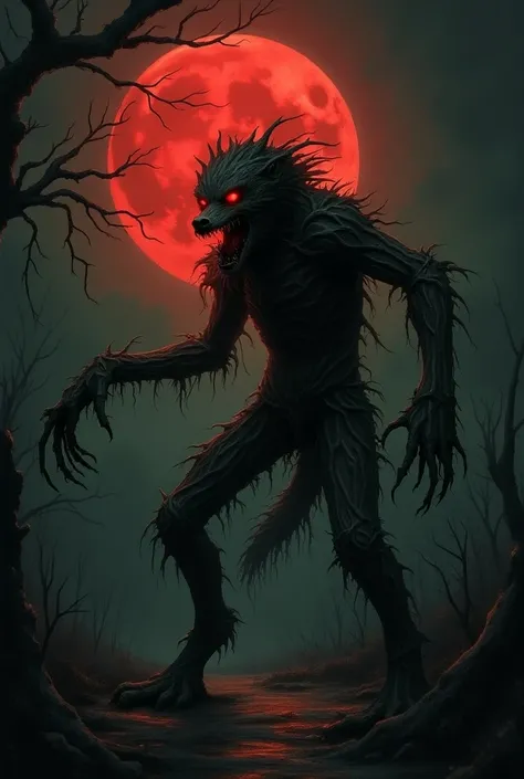 Werewolf made of wood, red eyes, deformed, with leaves, pointed branches, oil painting, with dark night and red moon