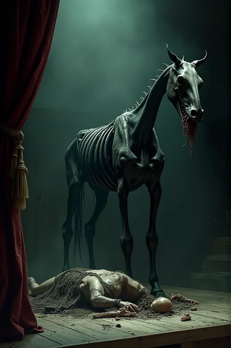 Skeletal monster ,  very similar to the skeleton of a super elongated black horse with a horses skull eating the remains of a person on a theater stage