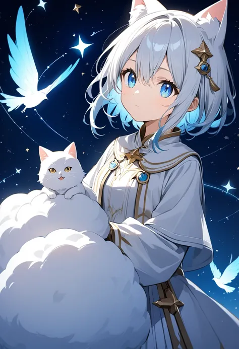  thin,  Soft Touch of the Picture 、Fluffy Style  、 The coat color is pure white and 、 It has the ability to bring out 。Her eyes are deep blue and 、 by drawing the constellation 。 space with a presence like a guardian of heaven 、 A cat with a beautiful way ...