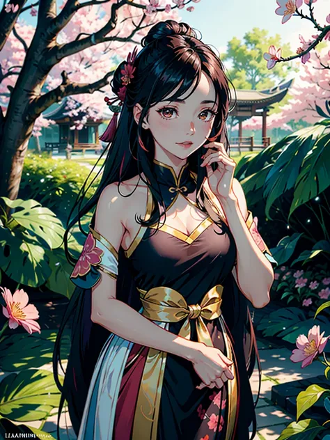 A beautiful Indonesian model with long, flowing hair and vibrant dark pink red silk Chinese traditional dress, standing gracefully in a lush garden surrounded by colorful flowers, sakura blossoms, and butterflies. The model has detailed facial features inc...