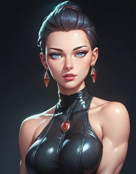 female black sleeveless catsuit with bare shoulders and racerback, bare toned arms, beautiful faces, red nail, light pink lips, black ponytail with showing forehead, black earrings, soft smooth skin, pale skin, black background, blue eyes, sci-fi