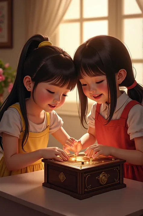 Two girls are playing music on the box