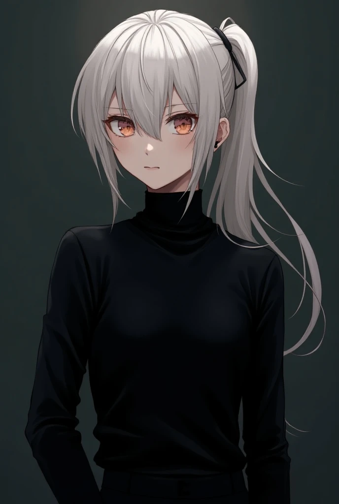 a male character. She colored her hair platinum blonde. Her hair is in a ponytail, but she has some hair over her eyes, like front bangs. They are black on top. He has black mid-lengths, a black neck sweater, black gloves, and black slacks. Her eye color i...