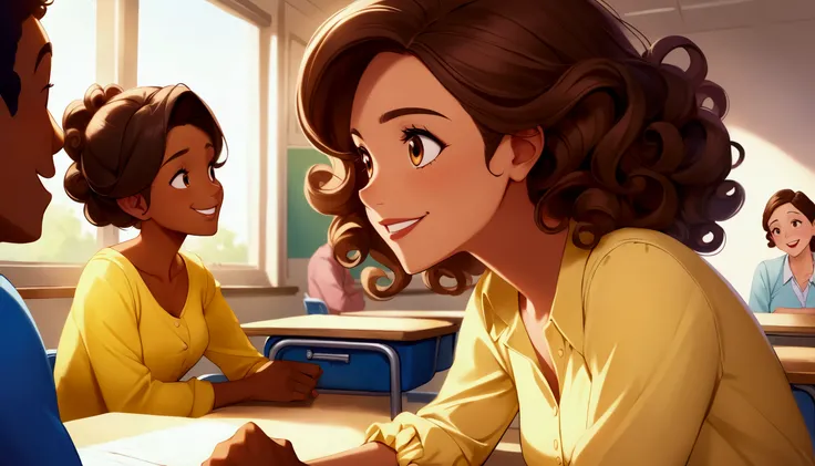  high definition image, estilo disney pixar. a 30-year-old woman,  brown skin and curly brown hair ,  look sideways at colleagues who talk and laugh.  shes in a classroom , with a calm and thoughtful expression, wearing yellow blouse and jeans .