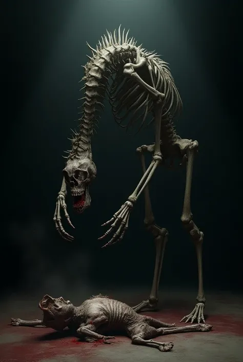 Skeletal monster , very similar to the skeleton of a super elongated black horse with the skull of a crouched horse ,  eating the remains of a deformed person while looking straight ahead on a theater stage