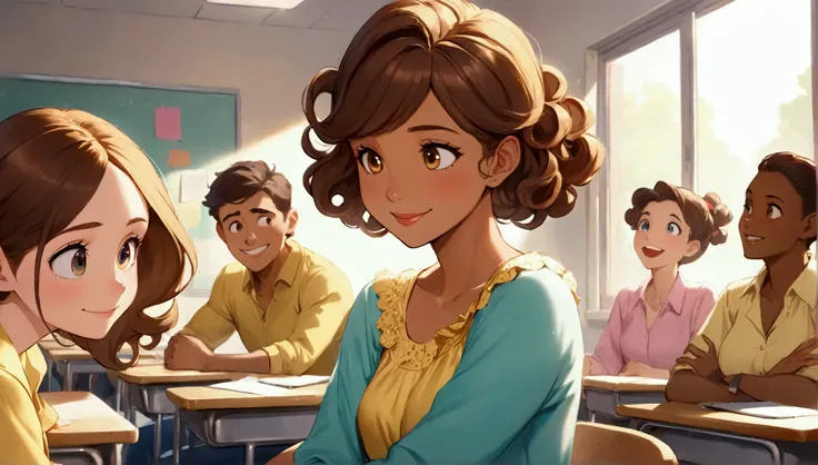  high definition image, estilo disney pixar. a 30-year-old woman,  brown skin and curly brown hair ,  look sideways at colleagues who talk and laugh.  shes in a classroom , with a calm and thoughtful expression, wearing yellow blouse and jeans .