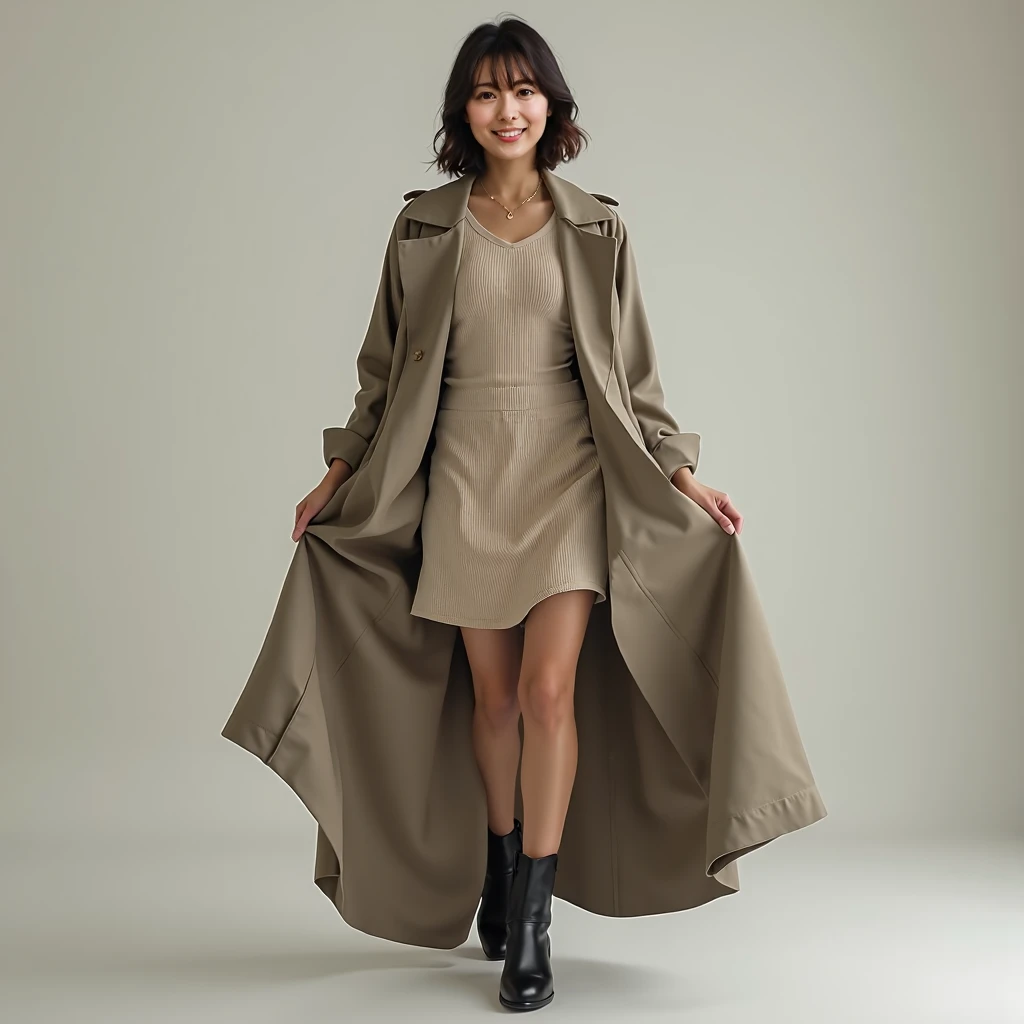 (photorealism:1.5)japanese beautiful lady, 30 years old,medium cut,Full body,She wears coat over knit and long skirt and wearing short boots,She lifts up her skirt and shows her panties,smiling,Apparel model shooting scene. Shot on Canon EOS R6, --ar 1:2 -...