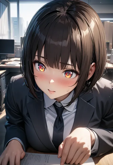 (masterpiece, best quality:1.2), (8k, extremely detailed CG), (2.8D), (shiny skin, detailed skin, detailed face, detailed eyes), Cute Japanese people working in an office, brown straight bob hair,  in a business suit