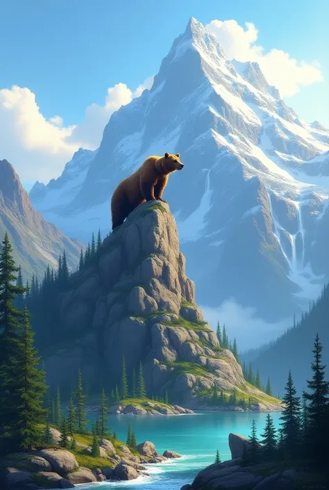 
	2.	 “Mountain landscape with a bear watching from the top, surrounded by wild nature and clear sky .