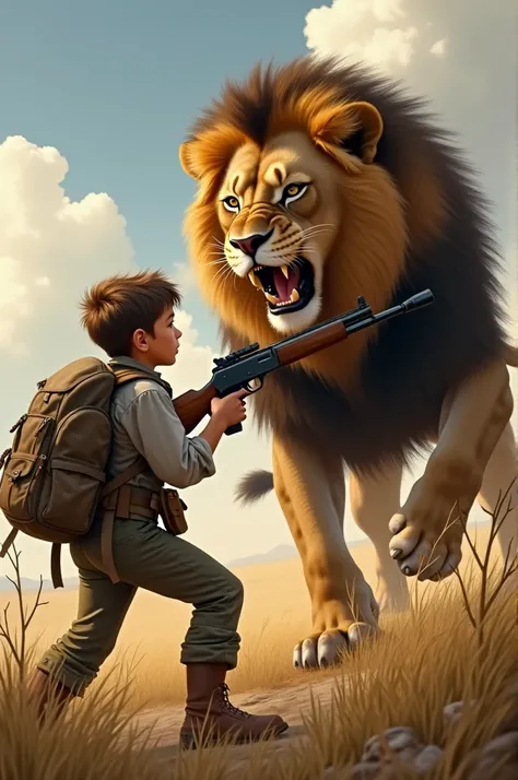 A boy kill lion with gun 