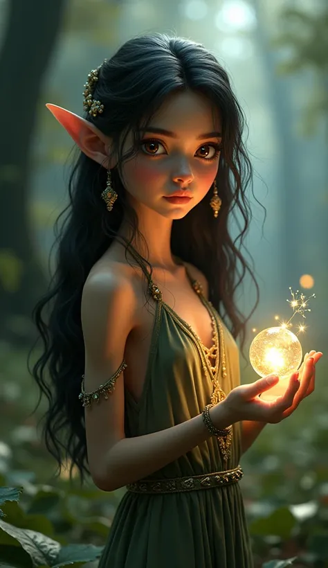 A highly detailed 3D CGI render of a young elf, inspired by Emily Ratajkowski, with dark flowing hair and captivating brown eyes that shimmer with a mystical glow. She has delicately pointed ears, adorned with nature-inspired jewelry, and wears an elegant,...