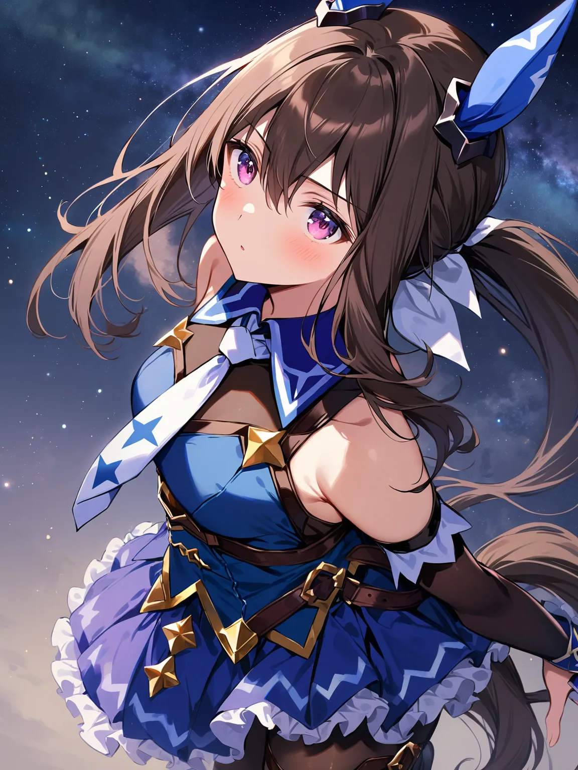 admire vega \(umamusume\) 1 girl, Solo, Best Quality, masterpiece, 8K, High resolution, looking up, stary sky, milky way,, shobufuku, purple eyes, bangs, hair between eyes, ponytail,brown hair, long hair, horse ears, horse girl, horse tail, ear covers, black sleeves, gem, jewelry,
blue skirt, single fingerless glove, black pantyhose, necktie, thigh strap,