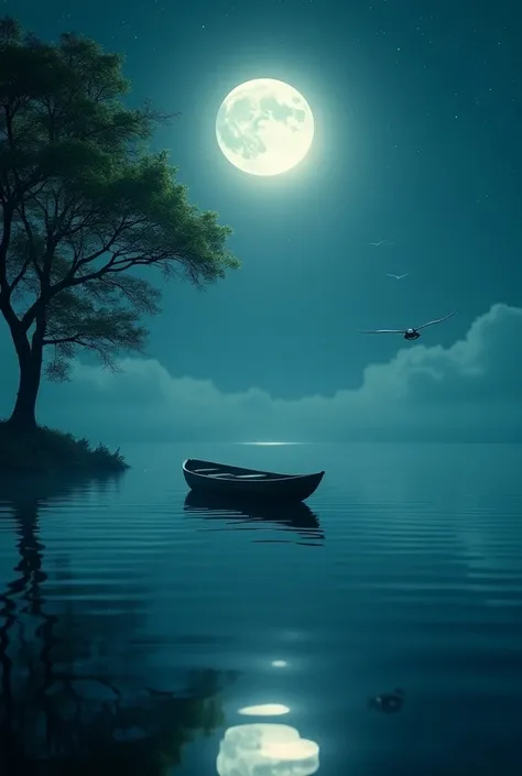 a boat floating on top of a lake under a full moon filled sky with a tree and a bird, Cyril Rolando, art photography, surreal photography, a surrealist painting