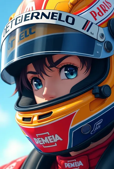 Anime boy, Ferrari Formula 1 driver, helmet and race suit on. Close-up look of the face with the helmet on. The helmet should have detailed real life sponsors. Make him look like 17-24 years old