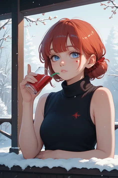 anime girl 20 years old , red twin bunches hair, beautiful bangs ,  blue eyes,  left under the lip birthmark ,  black sleeveless top .  A girl stays at home drinking mead, outside the window Russia, winter