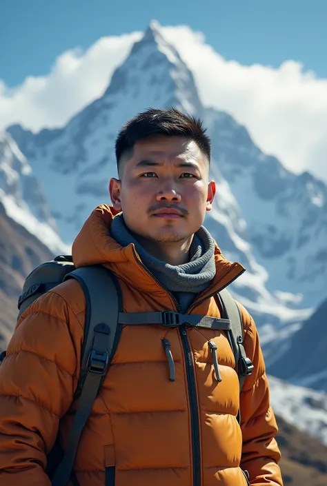 A realistic portrait of me who will be clean shaved oval shape verdant colour face owner of 20 to 22 years old chubby body shape who wearing tracking kit in front of mounts of everests . The environment is as same as everest area. The boy have undercut wit...