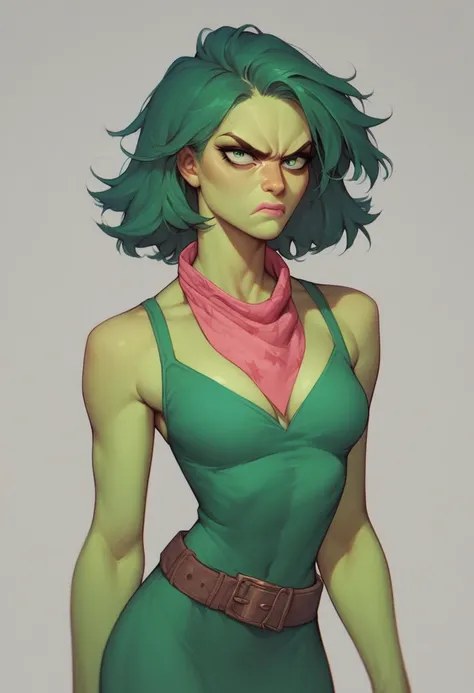 disgustSDXL,1girl,green eyes,green hair,green dress,green skin,belt,pink kerchief,cowboy shot,pink lips
disgustsdxl