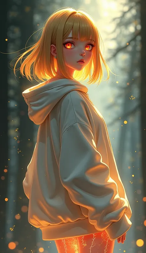  Anime 2d art . Beautiful woman ,  red eyes, straight golden hair bob cut , white oversized hoodie,white thigh-high boots,white magic lines glow under the skin of the face and legs like veins nerves blood vessels and veins glowing lines, mystery ,twilight,...