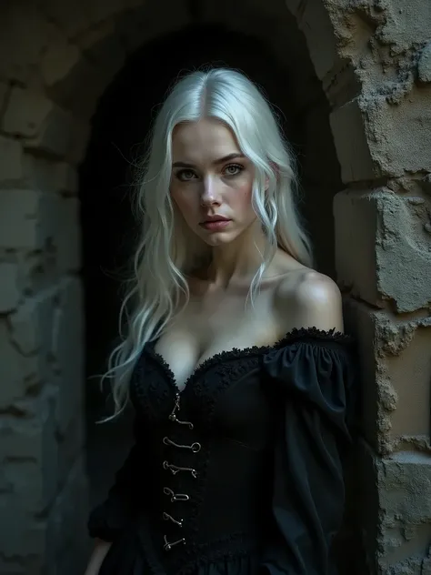 A beautiful woman is about twenty-five years old and is dressed in a black dress, 14th century fashion, she is standing in an old abandoned old dark cave with no exit or window, she has brown eyes, her eyes are lined with a black line, her mouth is painted...