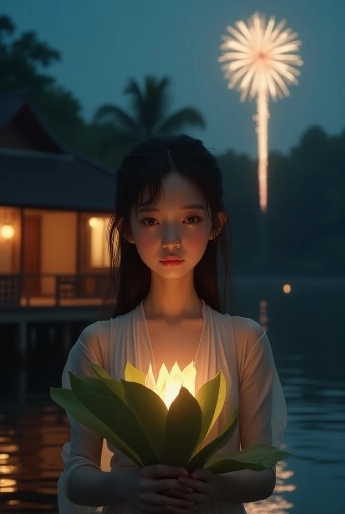 Photo taken with a Fuji camera,Asian girl, White skin,  narrow slender face ,  Oval Face , Small round eyes,long, Fluffy black hair, C-shaped breast,Standing straight in the screen , Thai dress,, she holds a lotus shaped banana cock ,Loy Kratong Festival, ...