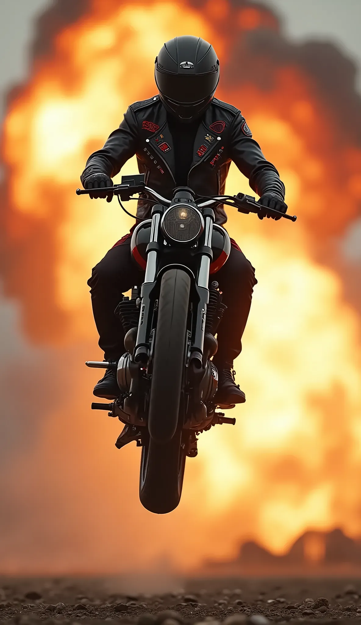  extreme action scene ,  man riding a motorcycle ,  with black leather clothes covering his entire body ,  has a strip of red color on the sides of his black leather pants,  black leather jacket with badges and drawings in red and white colors , He wears a helmet with visor , motorcycle helmet,  black gloves,  you are on your motorcycle making a dangerous jump ,  behind him a column of smoke earth and fire ,  action scene from the movie ,  spectacular explosion of china , exaggerated, chiaroscuro, depth of field, cinematic lighting, motion blur, Fujicolor, Optical illusion, UHD, Retina, masterpiece, Accurate,  anatomically correct , textured skin, Super detail, high details,  high quality ,  award winning , best quality, highres