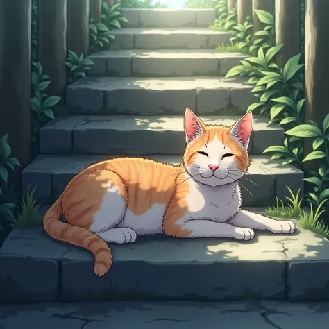 anime style, portrait,a cat lying on stone steps, perfect illumination