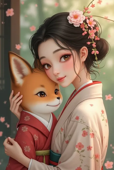 Beautiful Asian girl gently strokes the head of a brunette fox girl in a kimono 