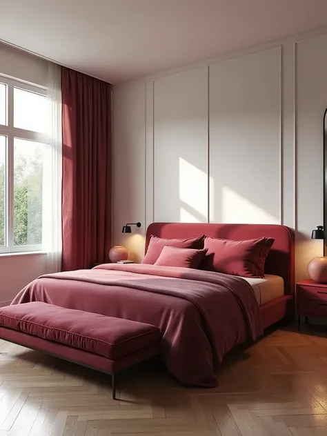 a modern bedroom with light walls and burgundy velvet head board and blanket  a bench at the foot of the bed. With modern wall lamps and a modern full lenght mirror. With long windows and sun light on the herringbone tiling wooden flooring. Hyper realistic