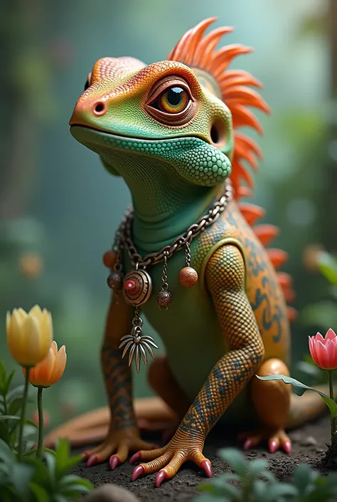 a lizard with hair a necklace on and tattoos