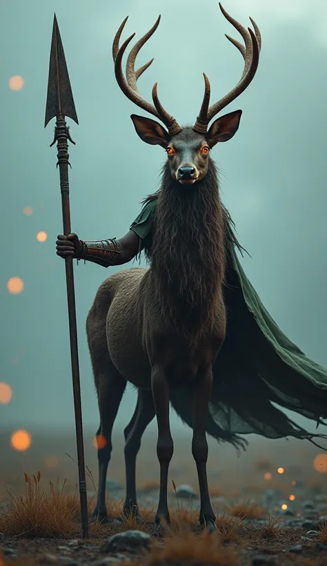 HDR, UHD, 8K, highly detailed, photorealistic, best quality, masterpiece, swamp deer, solo, full body, glowing eyes, serious fighter expression, standing, gladiator, armor decorated with natural details, spear with broad tip, fluid cape, cold lighting, dee...