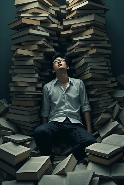 Dark，Back，An Asian male college student in white clothes, black pants and glasses，Pressed at the bottom of a book ，A mountain formed by books collapsed and collapsed