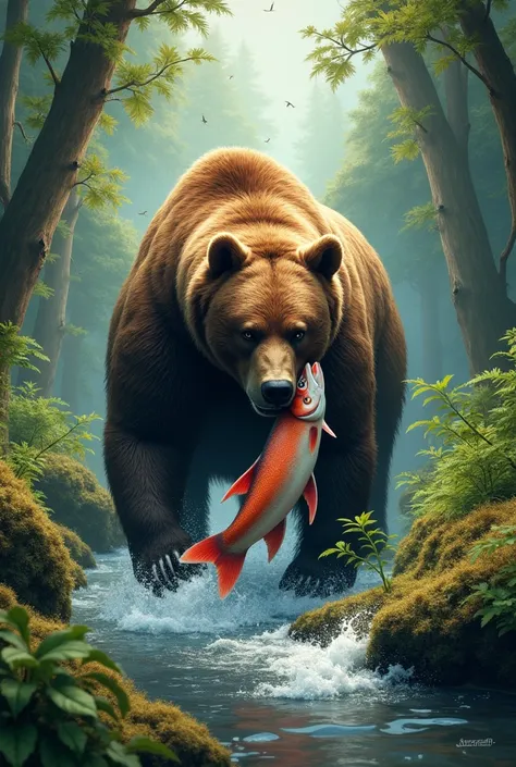 
	7.	“Scene of the nutrient cycle in the forest ,  with a bear hunting salmon and transporting nutrients to nearby vegetation.”