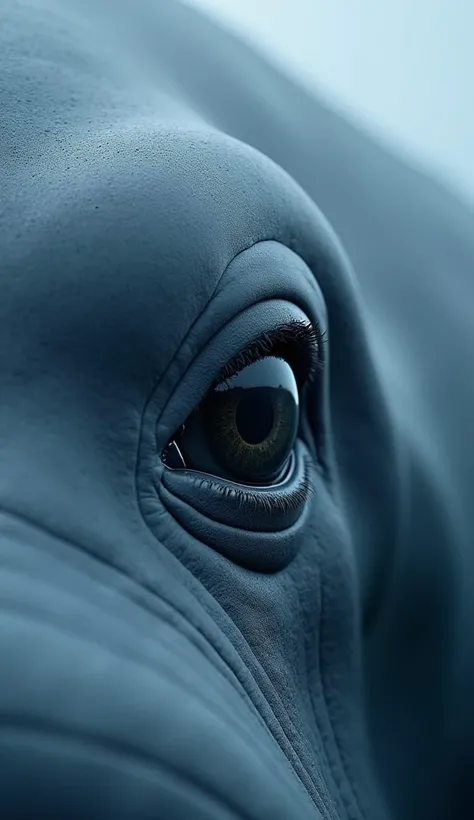 An extreme close-up of a blue whale’s eye, showing the detailed texture of its bluish-gray skin and the peaceful, wise expression in its gaze. The enormous scale of the eye and the surrounding skin create a sense of the whale’s majesty and ancient presence...