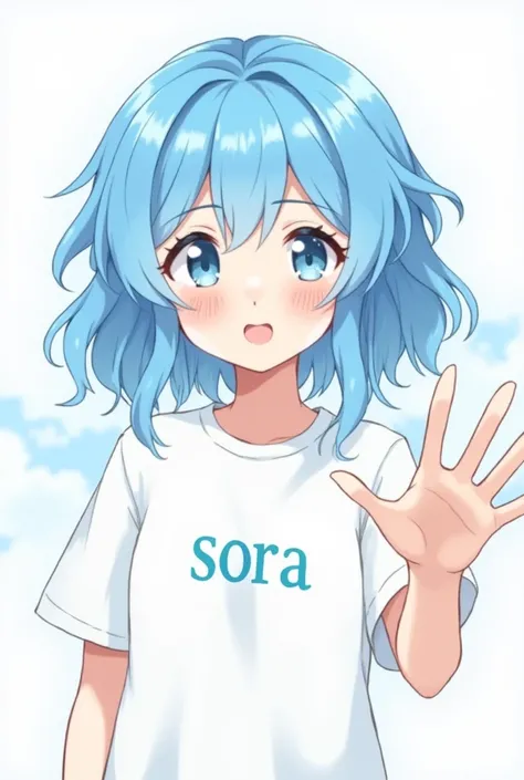 Blue hair with white tshirt cloud hair anime text in the tshirt "sora" and say hello pose
