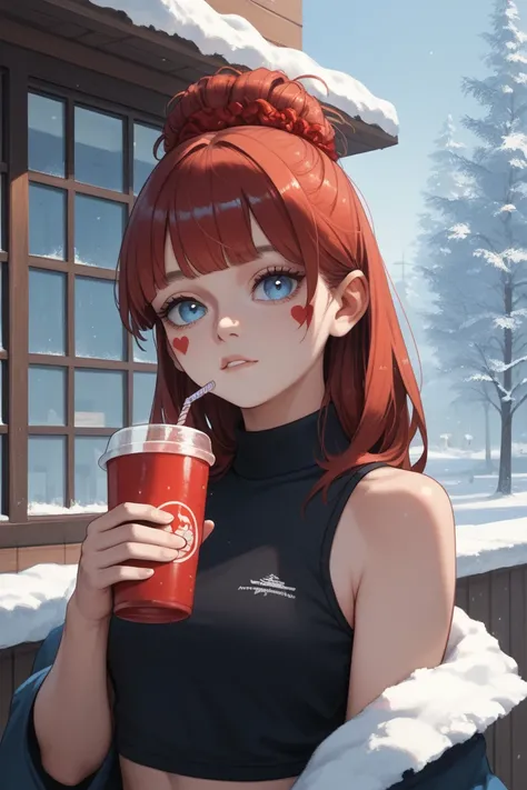 anime girl 20 years old , red twin bunches hair, beautiful bangs ,  blue eyes,  left under the lip birthmark ,  black sleeveless top . The girl stays at home drinking mead, outside the window Russia, winter