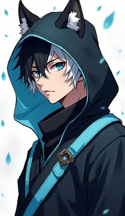  FULL BODY IMAGE ,  manga style ,   Full body image, manga style, Where is a handsome young man , Half human and half male feline,  with black and white hair .  blue eyes of short physical size  , strong,  hooded face and with the eyes of a leader ,  weari...