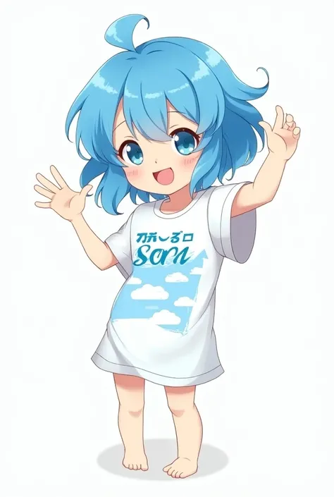 Blue hair with white tshirt cloud hair anime text in the tshirt "sora" and say hello pose, full body
