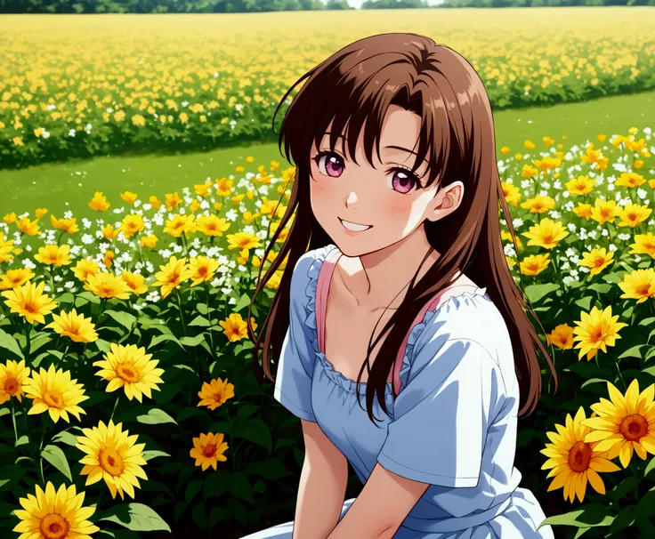 Anime girl in the anime style of the 80s sitting in a field of flowers and looking at the camera, smiling. pastel-colored