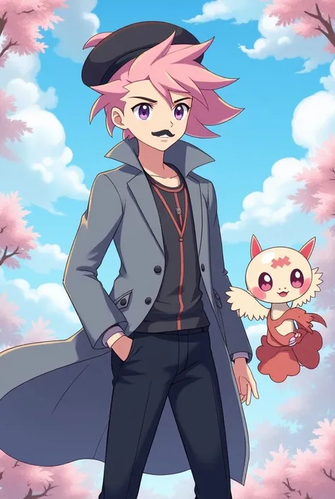 Um walpapper de pokemon, a male trainer,pink hair,pink mustache ,black beret,black coat,com o pokemon butterfree do seu lado direito, Anime style,butterfree