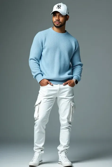  A Latino man dressed in a light blue ribbed knit sweater , a white Yankees cap with the black ,  a white skinny cargo jean and white Converse Chuck Taylor sneakers 