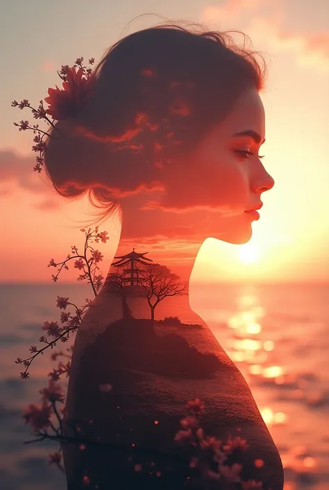 high quality, 8K Ultra HD, A beautiful double exposure that combines an goddess silhouette with sunset coast, sunset coast should serve as the underlying backdrop, with its details incorporated into the goddess , crisp lines, The background is monochrome, ...