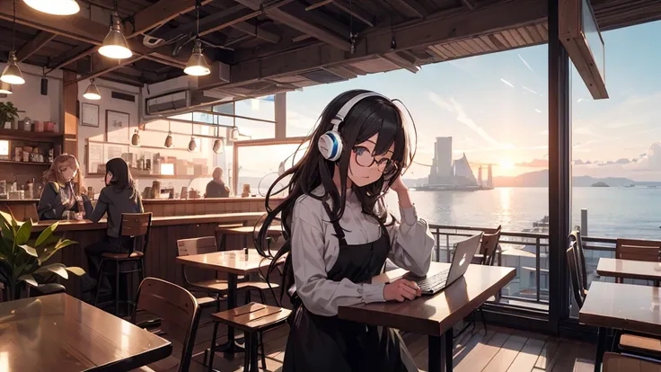  He runs his fingertips through her hair. only the wavy hair and fingers are visible , with an 80s anime style and city pop culture vibe with a hint of ennui." Please.

# topic:.
  - Working at a cafe  

# restrictions:.
- Cafe has a hill and a view of the...