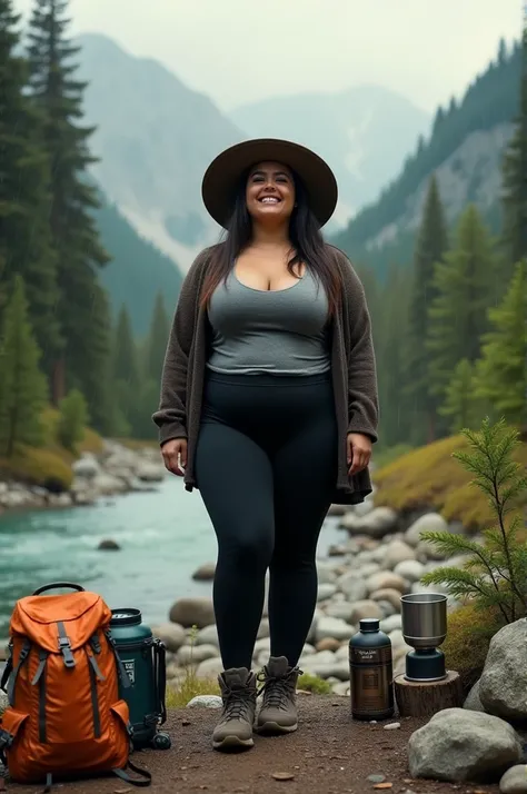 1 woman (( full body photo , happy)),  masterpiece ,  better quality, ultra detailed, alone, outdoors, (Rainy Day ), mountains, Naturaleza, (stars, officer) happy, happy, backpack, sleeping bag, Camping stove, water bottle,  big butt ,  tight fitting black...