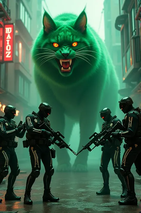 Character: Five special police officers and one big green cat.

Theme: Police officers wearing special skeleton costumes.

Action: police officers target RPG at the big angry cat.