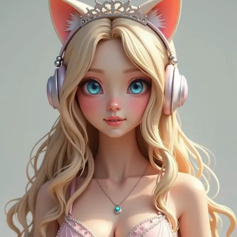  1 girl, langes Haar, Blonde hair,  high resolution , Exactly,  anatomically correct ,  best quality , Details, HD model,  High details,  super detailed,  textured skin ,  big boobs,  cat ear headphones,  blue eyes, tiara, 