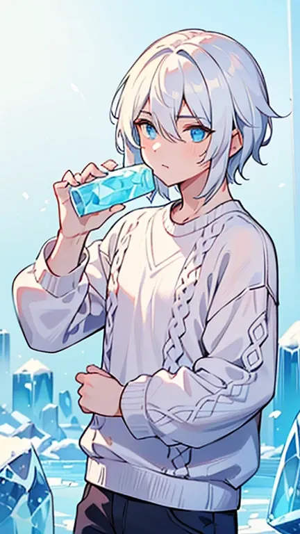 ((  A man with white hair and light blue eyes)),((  Im wearing a white sweater  )),((Im holding an ice bar  )),bangs,  Hair between eyes  